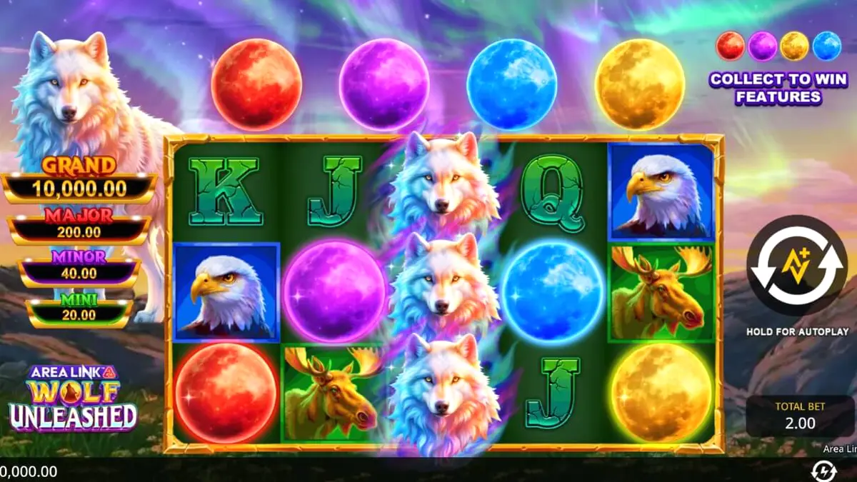 Pemandangan hutan bersalju dengan cahaya utara di latar belakang slot Area Link Wolf Unleashed
