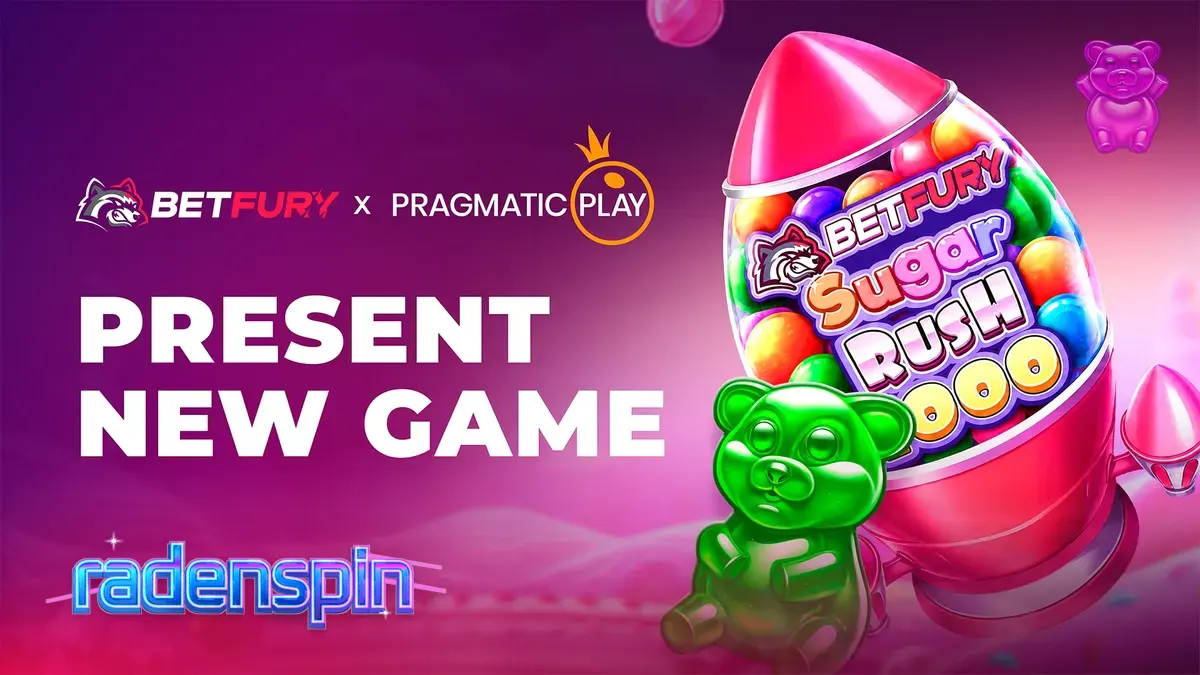 Tampilan visual slot BetFury Sugar Rush 1000 dengan latar belakang permen yang cerah